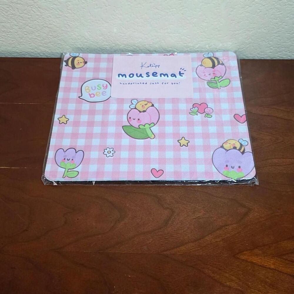 Cute Pink and white checkered mousepad with bees and flowers